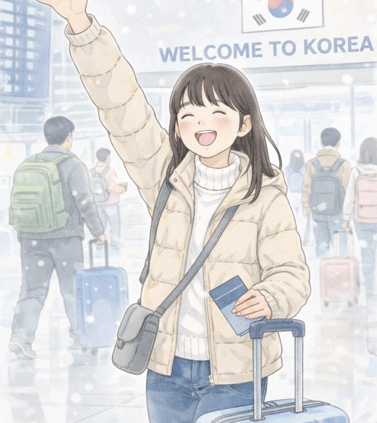 한국 공항에 도착한 여행객 일러스트